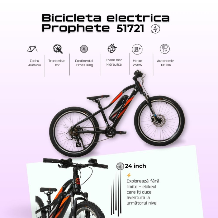Bicicleta electrica MTB-HT 24" PROPHETE Graveler, cadru aluminiu ,  manete secventiale, frane hidraulice, 7 viteze [14]