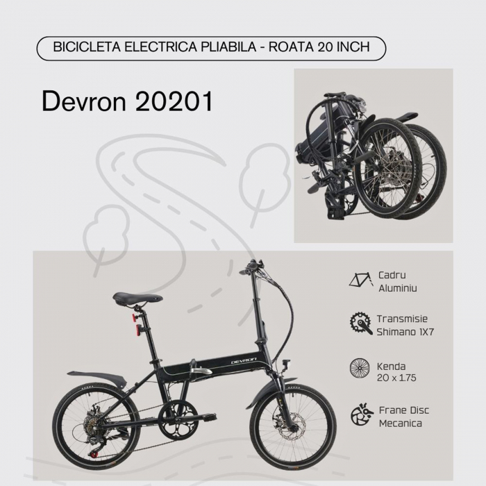 Bicicleta electrica pliabila 20" DEVRON 20201, cadru aluminiu, index, frane disc, 7 viteze, negru [4]