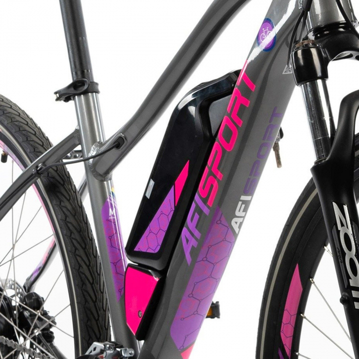 Bicicleta electrica Urban 28" AFISPORT C1.7 Lady, cadru aluminiu 18", manete secventiale, frane hidraulice, 24 viteze, gri/mov [10]