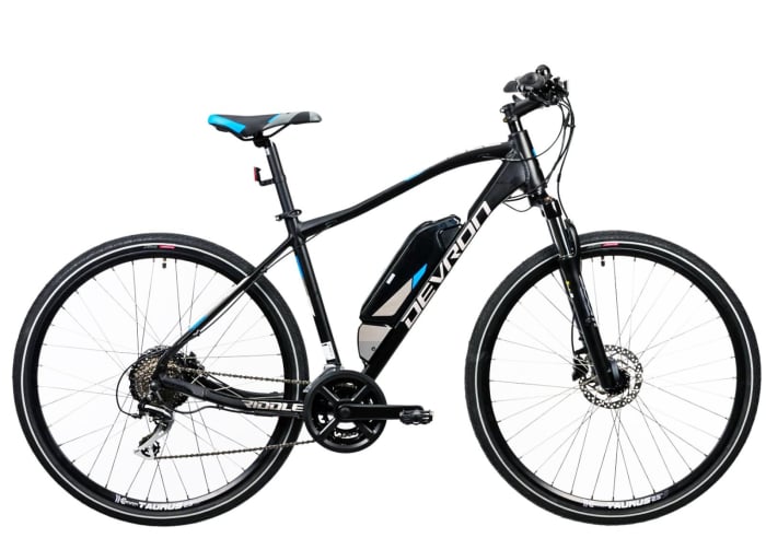 Bicicleta electrica Urban 28" DEVRON 28161, cadru aluminiu 19", manete secventiale, frane hidraulice, 16 viteze, negru/albastru [2]