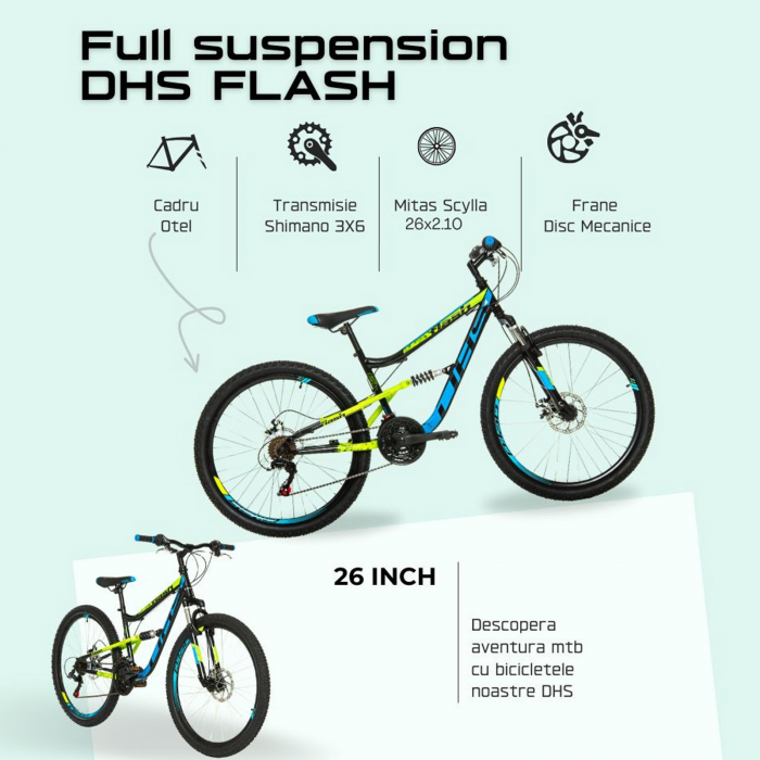 Bicicleta MTB-FS 26" DHS Flash, cadru otel 15.5", manete revoshift, frane disc, 18 viteze, negru/verde [12]