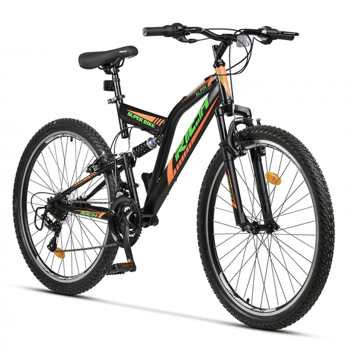 Bicicleta MTB-FS 26" RICH Alpin 2.6, cadru otel 17", frane V-Brake, 18 viteze, negru/portocaliu [2]