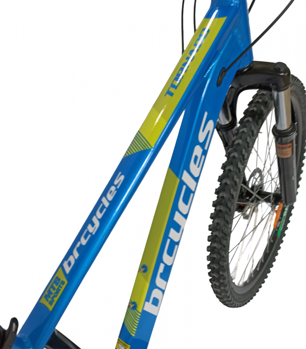 Bicicleta MTB-HT 24" BR Tornado, cadru aluminiu 13", manete secventiale, frane disc, 21 viteze, albastru/galben lucios [15]