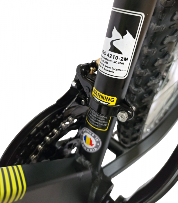 Bicicleta MTB-HT 24" BR Tornado, cadru aluminiu 13", manete secventiale, frane disc, 21 viteze, negru/galben mat [17]