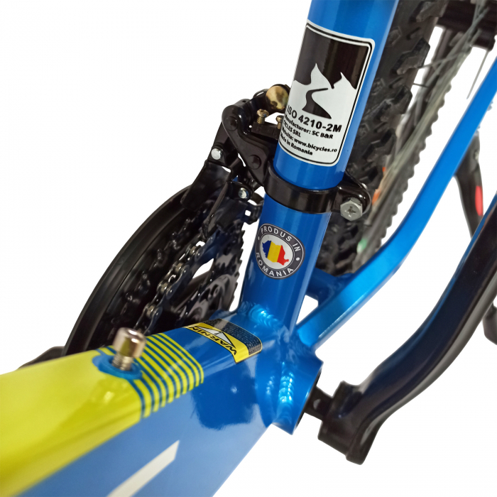 Bicicleta MTB-HT 24" BR Tornado, cadru aluminiu 13", manete secventiale, frane disc, 21 viteze, albastru/galben lucios [16]