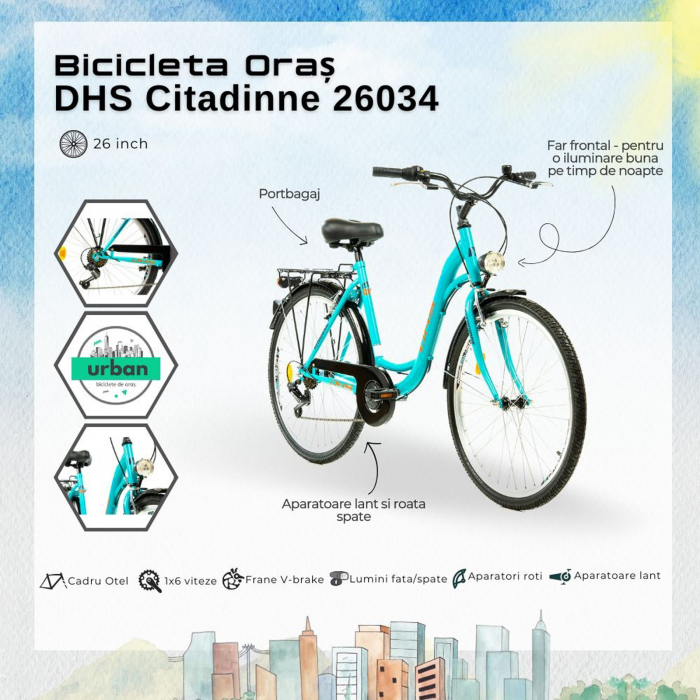 Bicicleta oras 26" DHS Citadinne 26034, cadru otel 19", frane V-Brake, 6 viteze [9]