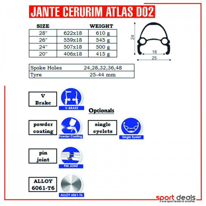 Janta 24" CERURIM Atlas D02, aluminiu dubla, profil frana V-Brake, 36H, argintiu [2]
