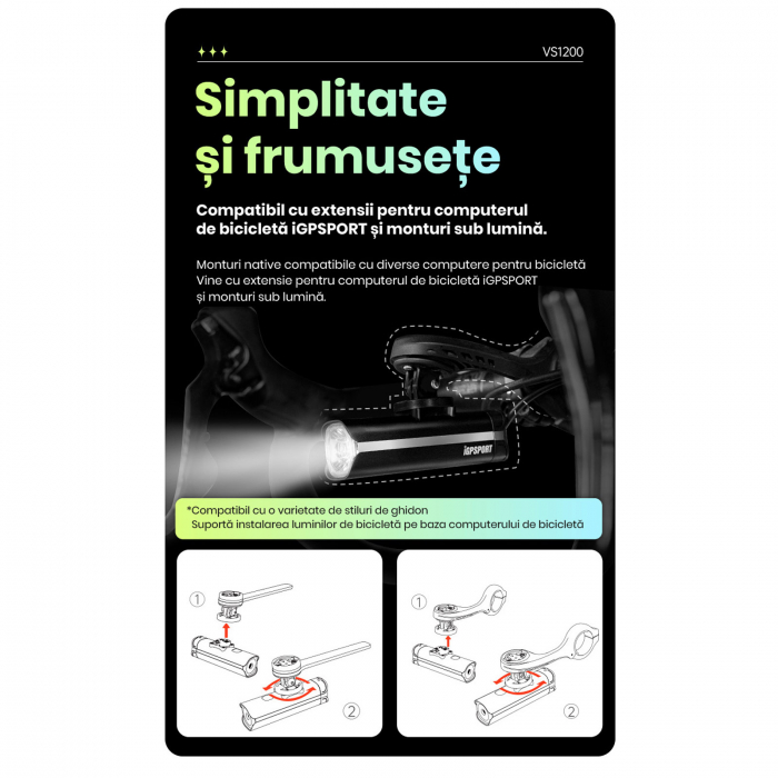 Lumina fata iGPSPORT Smart Front Light VS1200 cu prindere M82 1200 lumeni, negru [19]