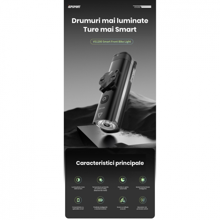 Lumina fata iGPSPORT Smart Front Light VS1200 cu prindere M82 1200 lumeni, negru [10]