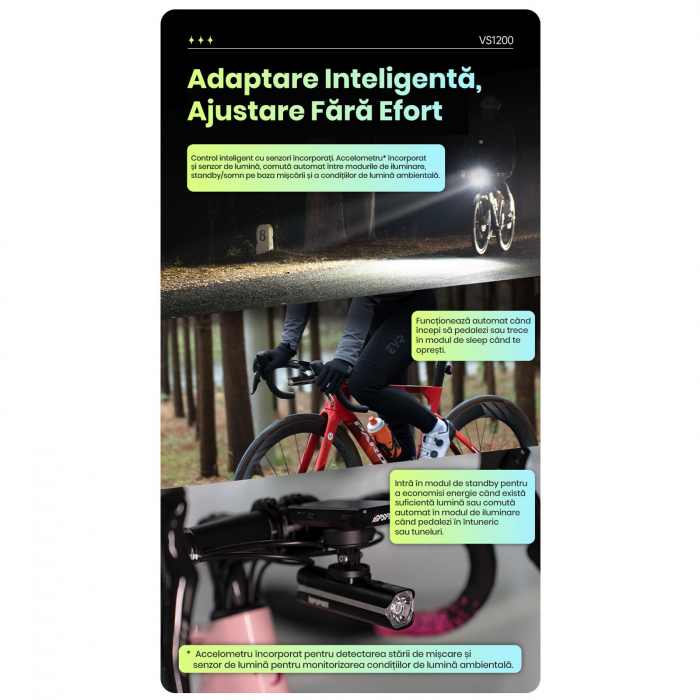 Lumina fata iGPSPORT Smart Front Light VS1200 cu prindere M82 1200 lumeni, negru [15]