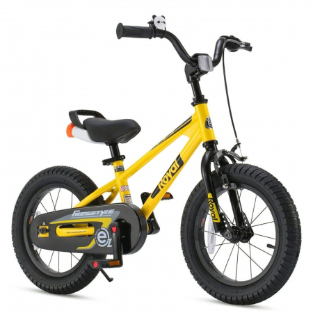14" (varsta 3-5 ani) - Bicicleta copii 14" ROYAL BABY Freestyle EZ, pedalier detasabil/suport picioare, galben, varsta 3-5 ani
