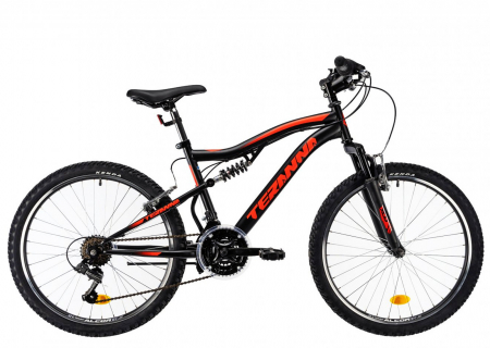 24" (varsta peste 10 ani) - Bicicleta 24" MTB-FS DHS Terrana 2445, cadru otel 15.5", frane V-Brake, 18 viteze, negru/rosu
