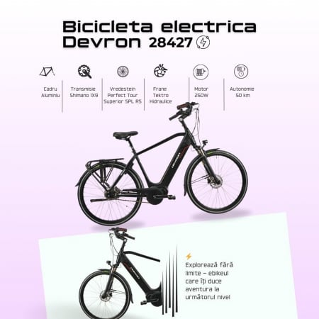 Bicicleta electrica oras 28" DEVRON 28427, cadru aluminiu 19.5", manete RevoShift, frane hidraulice, 9 viteze, negru [15]