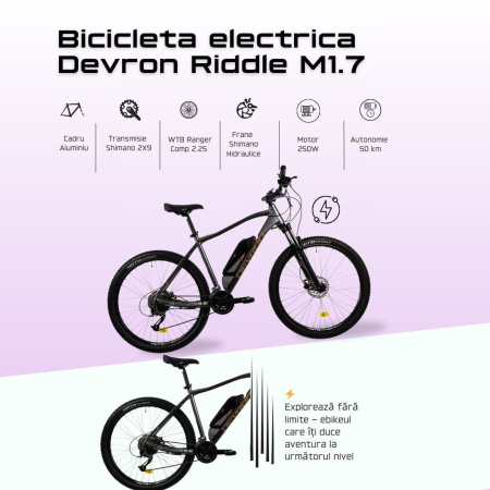 Bicicleta electrica MTB-HT 27.5" DEVRON Riddle M1.7, cadru aluminiu 19", manete secventiale, frane hidraulice, 18 viteze, gri [8]