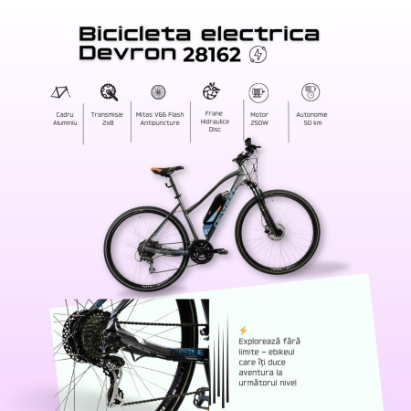 Bicicleta electrica Urban 28" DEVRON 28162, cadru aluminiu 17.5", manete secventiale, frane hidraulice, 16 viteze, gri/albastru [7]