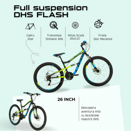 Bicicleta MTB-FS 26" DHS Flash, cadru otel 15.5", manete revoshift, frane disc, 18 viteze, negru/verde [11]