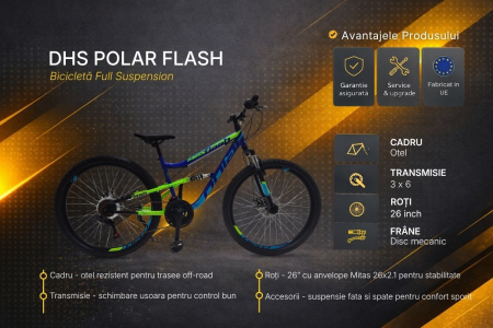 Bicicleta Full suspension DHS Polar Flash - 26 Inch, Albastru-Verde [3]