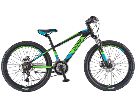 24" (varsta peste 10 ani) - Bicicleta MTB-HT 24" POLAR Alaska, cadru aluminiu 12.5", frane disc, 21 viteze, negru/verde