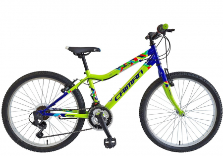 24" (varsta peste 10 ani) - Bicicleta MTB-HT 24" POLAR Caiman Arrow, cadru otel 11.5", manete Revoshift, frane V-Brake, 18 viteze, verde fluo/albastru