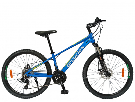 24" (varsta peste 10 ani) - Bicicleta MTB-HT 24" BR Tornado, cadru aluminiu 13", manete secventiale, frane disc, 21 viteze, albastru/galben lucios