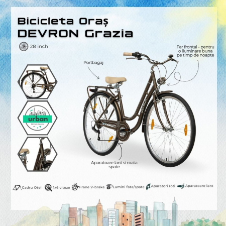 Bicicleta oras 28" DEVRON Grazia Retro 6S, cadru otel, manete revoshift, frane V-Brake, 6 viteze [8]