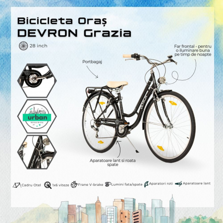 Bicicleta oras 28" DEVRON Grazia Retro 6S, cadru otel, manete revoshift, frane V-Brake, 6 viteze [10]