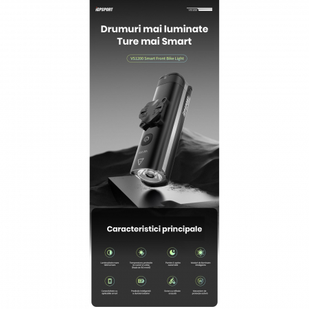 Lumina fata iGPSPORT Smart Front Light VS1200 cu prindere M82 1200 lumeni, negru [9]