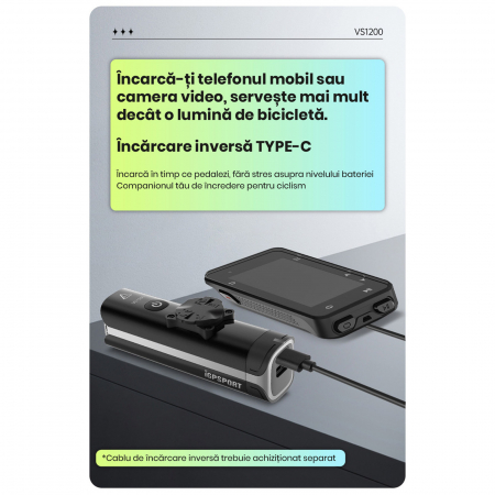 Lumina fata iGPSPORT Smart Front Light VS1200 cu prindere M82 1200 lumeni, negru [17]