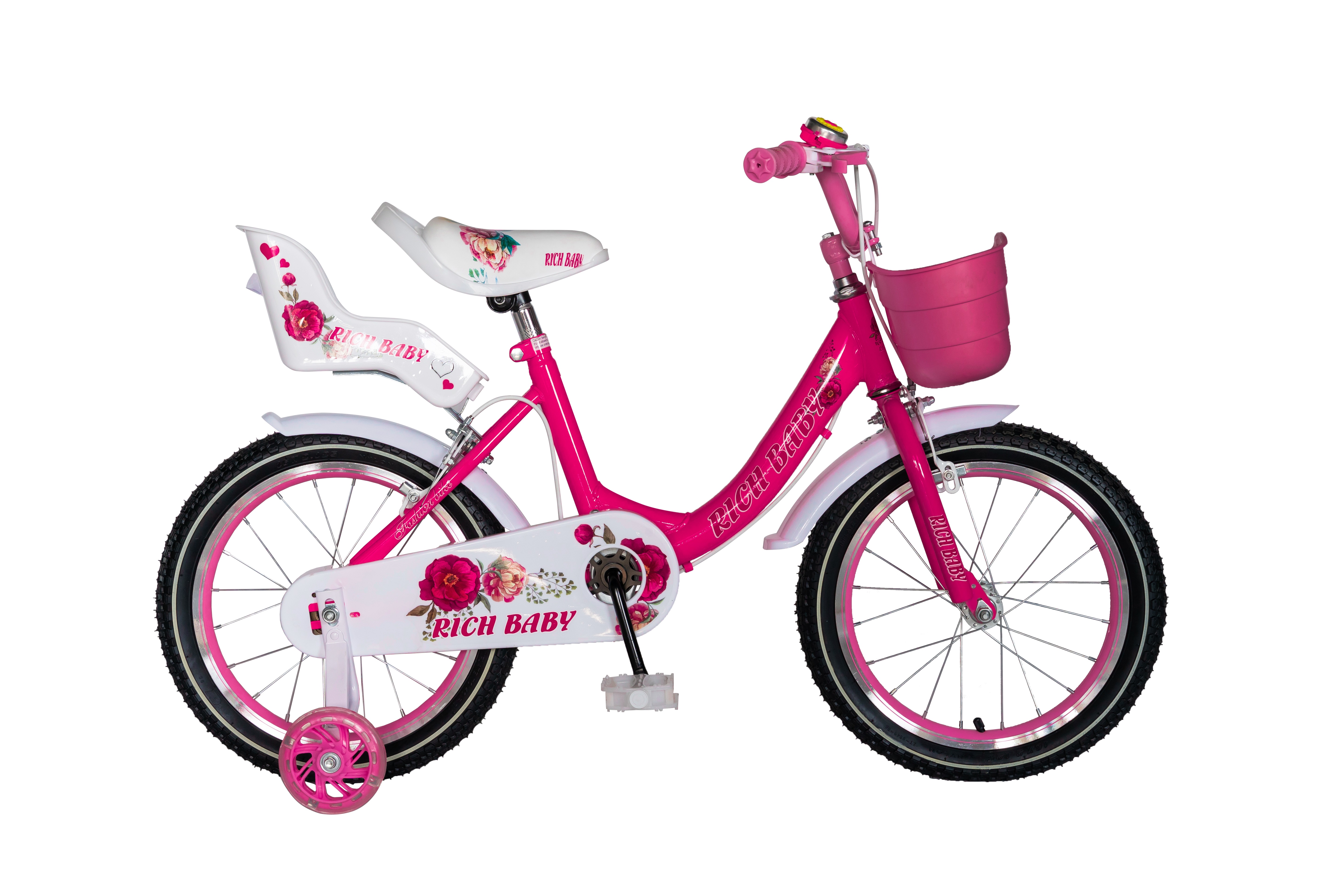 Bicicleta fete Rich Baby 4-6 Ani, Roti 16 Inch, Frane C-Brake, Roti Ajutatoare, Rich Baby CST16/05C Cadru Fucsia cu Design Alb [1]
