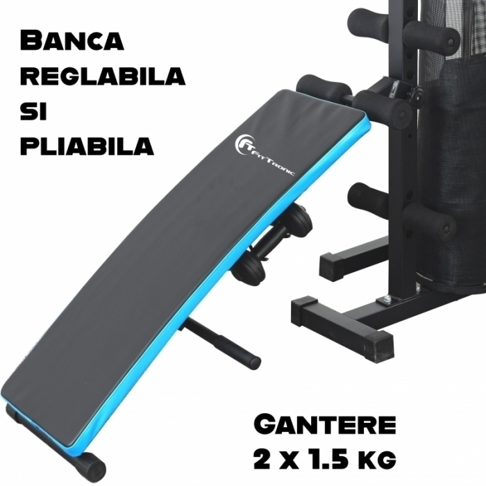 Aparat multifunctional FitTronic® Atletic 480, 45 kg incluse, greutate maxima utilizator 120 kg, banca cu gantere, sac de box, aparat tractiuni, suport biceps, bara tractiuni [2]