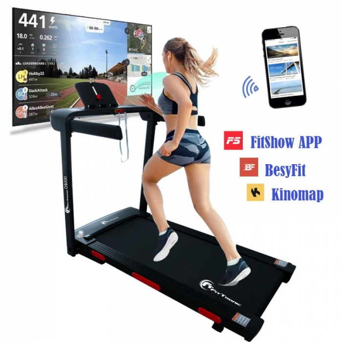 Banda de alergat electrica FitTronic Delta 5000, motor 3.0 CP, inclinatie 25%, greutate suportata 150 kg,viteza pana la 18 km/h, suprafata alergare 120x50cm,  Aplicatii Kinomap, Zwift, Besyfit [2]