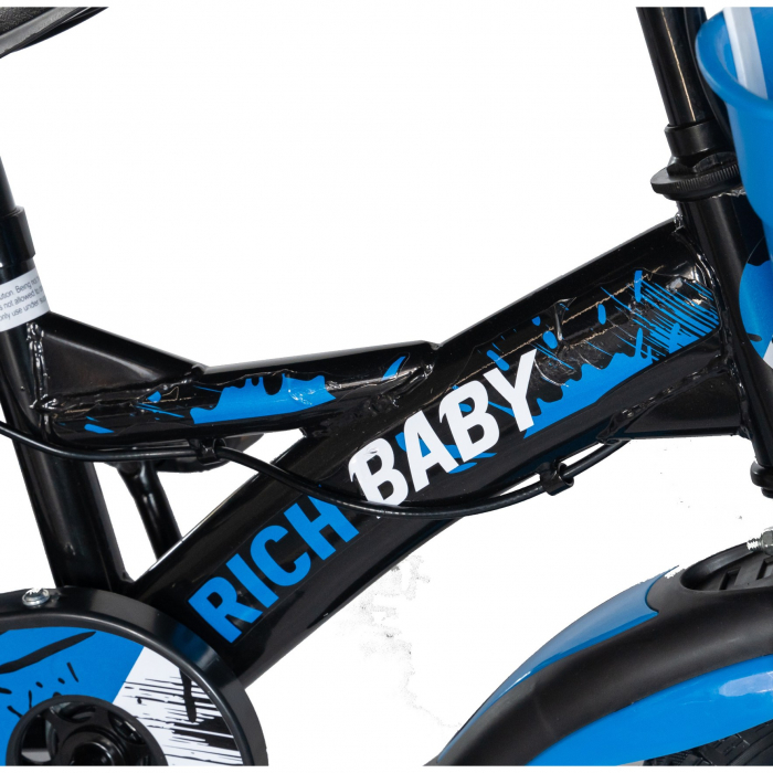 Bicicleta Baieti 2-4 ani, Rot 12 Inch, Frane C-Brake, Roti Ajutatoare, Rich Baby CST12/04C Cadru Negru cu Design Albastru [5]