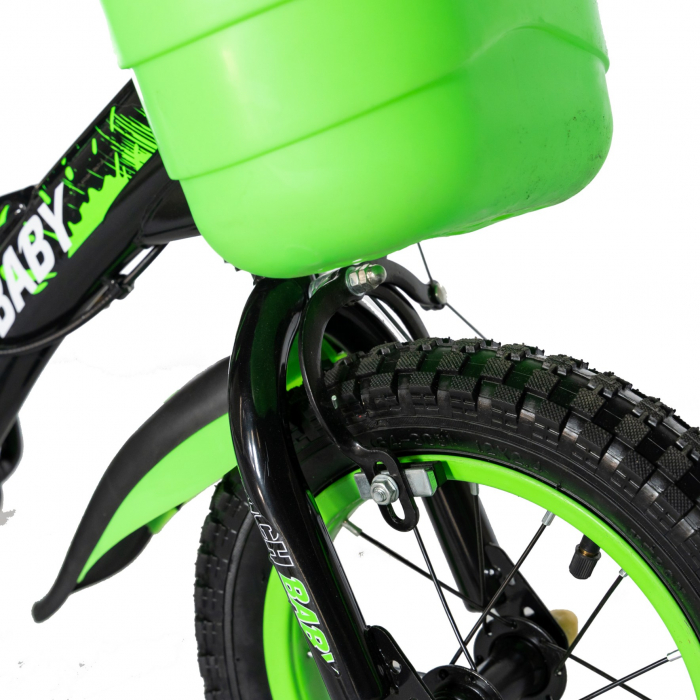 Bicicleta Baieti 2-4 ani, Rot 12 Inch, Frane C-Brake, Roti Ajutatoare, Rich Baby CST12/04C Cadru Negru cu Design Verde [5]