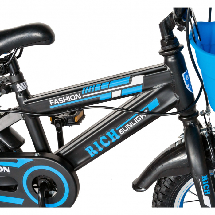 Bicicleta baieti Rich Baby 2-4 Ani, Roti 12 Inch, Frane C-Brake, Roti Ajutatoare, Rich Baby CST12/02C, Cadru Negru cu Design Albastru [4]