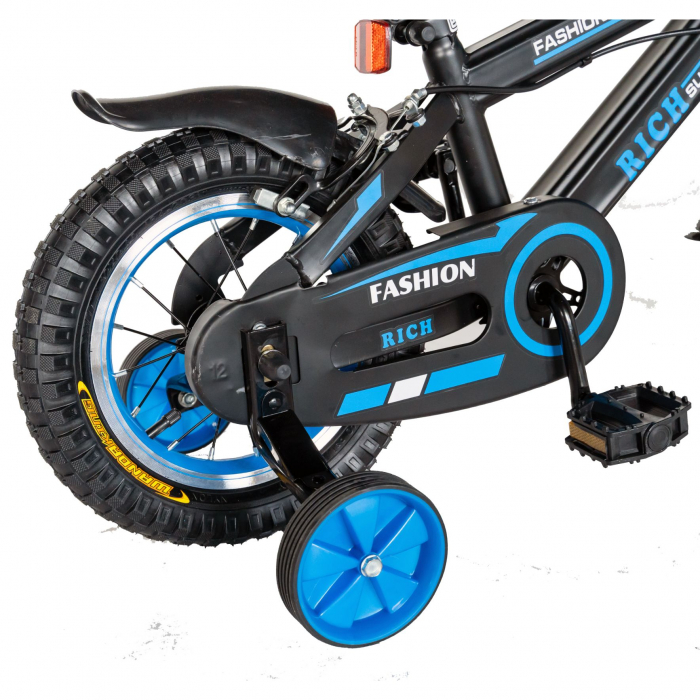 Bicicleta baieti Rich Baby 2-4 Ani, Roti 12 Inch, Frane C-Brake, Roti Ajutatoare, Rich Baby CST12/02C, Cadru Negru cu Design Albastru [2]
