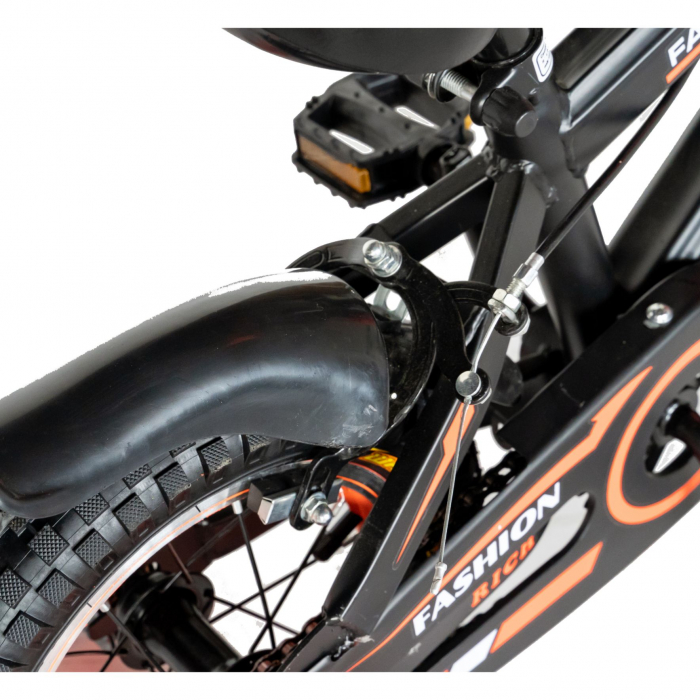 Bicicleta baieti Rich Baby 2-4 Ani, Roti 12 Inch, Frane C-Brake, Roti Ajutatoare, Rich Baby CST12/02C, Cadru Negru cu Design Portocaliu [3]