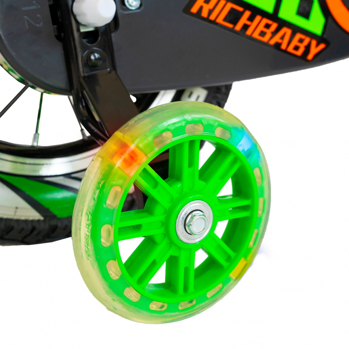 Bicicleta baieti Rich Baby 3-5 ani, Roti 14 Inch, Frane C-Brake, Roti Ajutatoare cu LED, Rich Baby CSR14/07A, Cadru Negru cu Design Verde [3]