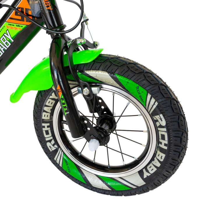 Bicicleta baieti Rich Baby 3-5 ani, Roti 14 Inch, Frane C-Brake, Roti Ajutatoare cu LED, Rich Baby CSR14/07A, Cadru Negru cu Design Verde [6]