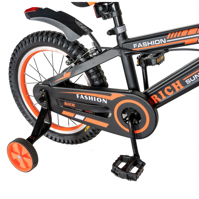 Bicicleta baieti Rich Baby 4-6 Ani, Roti 16 Inch, Frane C-Brake, Roti Ajutatoare, Rich Baby CST16/02C, Cadru Negru cu Design Portocaliu [3]