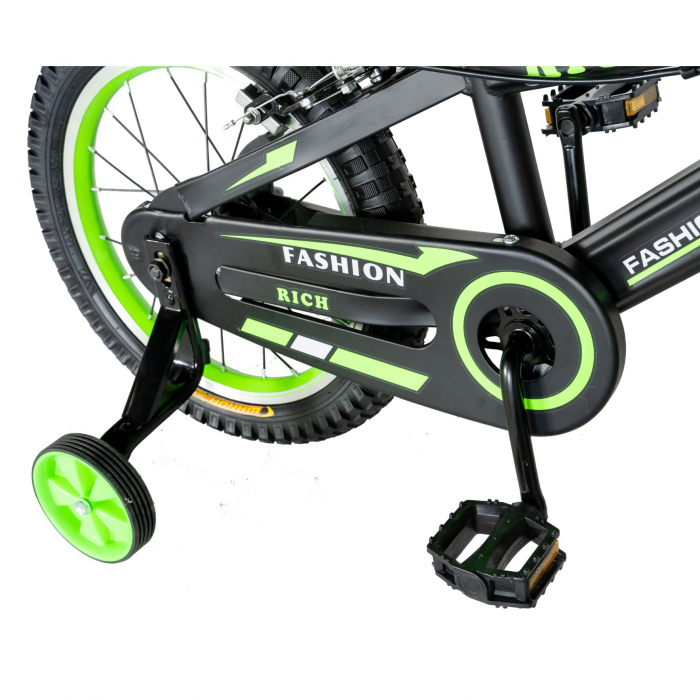 Bicicleta baieti Rich Baby 4-6 Ani, Roti 16 Inch, Frane C-Brake, Roti Ajutatoare, Rich Baby CST16/02C, Cadru Negru cu Design Verde [2]