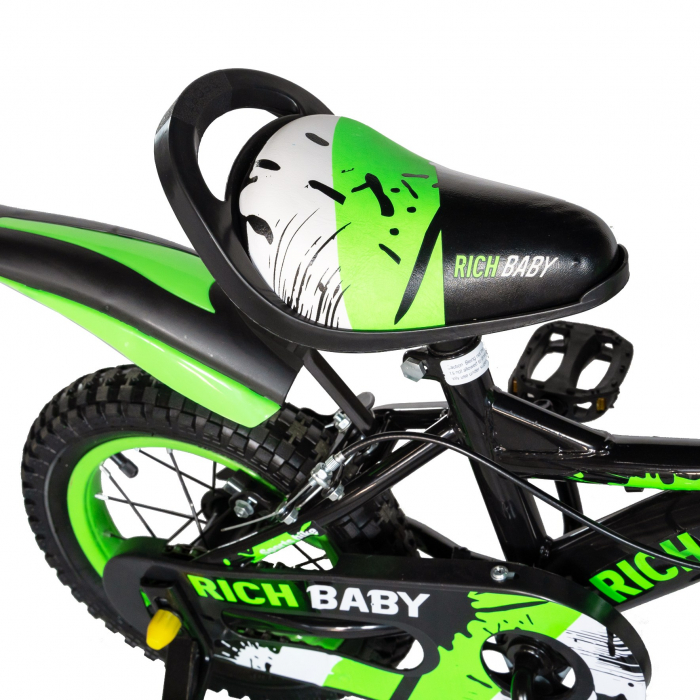 Bicicleta baieti Rich Baby 4-6 Ani, Roti 16 Inch, Frane C-Brake, Roti Ajutatoare, Rich Baby CST16/04C Cadru Negru cu Design Verde [2]