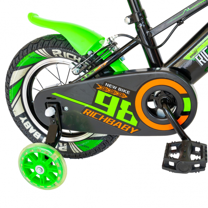 Bicicleta baieti Rich Baby R1407A, roata 14", C-Brake, roti ajutatoare cu LED, 3-5 ani, negru/verde  [2]