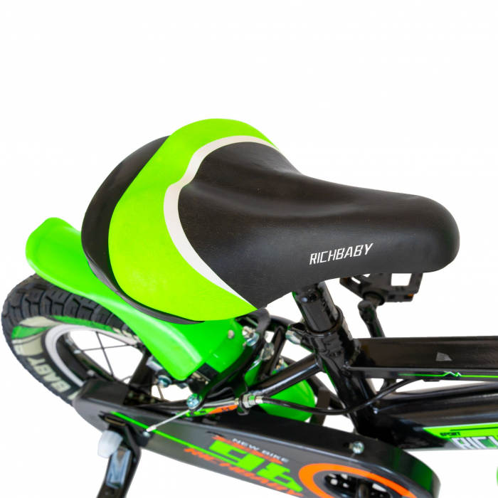 Bicicleta baieti Rich Baby R1407A, roata 14", C-Brake, roti ajutatoare cu LED, 3-5 ani, negru/verde  [4]