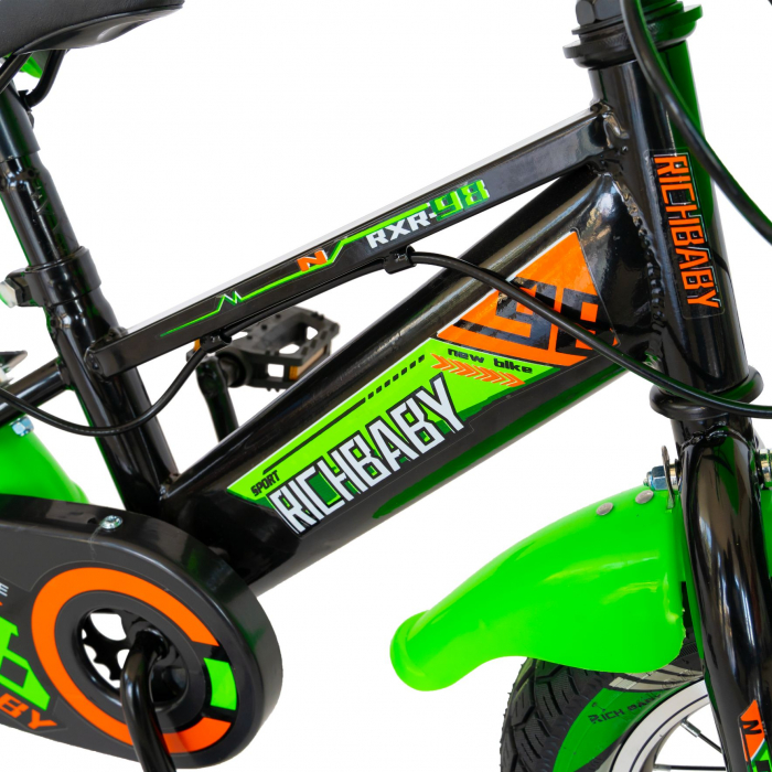 Bicicleta baieti Rich Baby R1407A, roata 14", C-Brake, roti ajutatoare cu LED, 3-5 ani, negru/verde  [5]