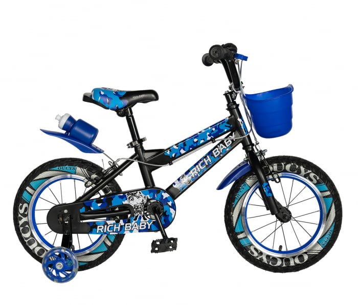 Bicicleta baieti RICH BABY R14WTA, roata 14", roti ajutatoare cu LED, 3-5 ani, culoare negru/albastru  [1]