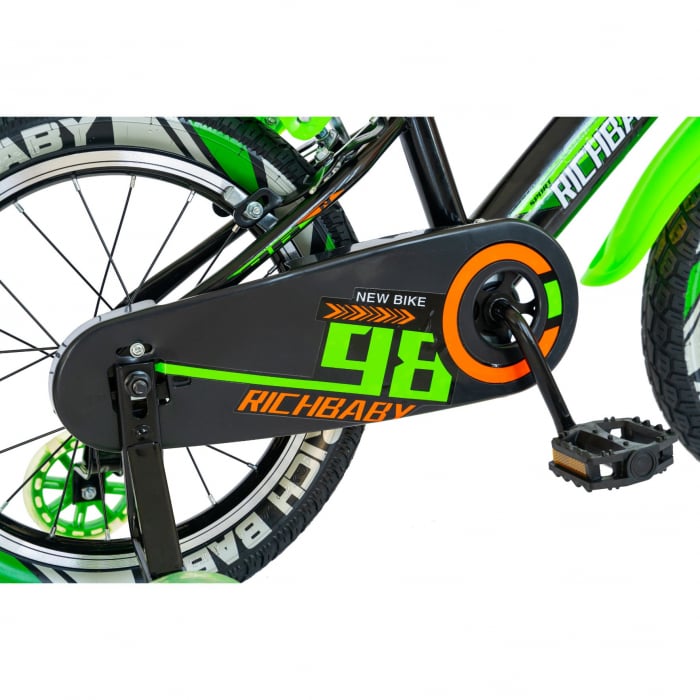 Bicicleta baieti Rich Baby R1607A, roata 16", C-Brake otel,  roti ajutatoare cu LED, 4-6 ani, negru/verde [3]