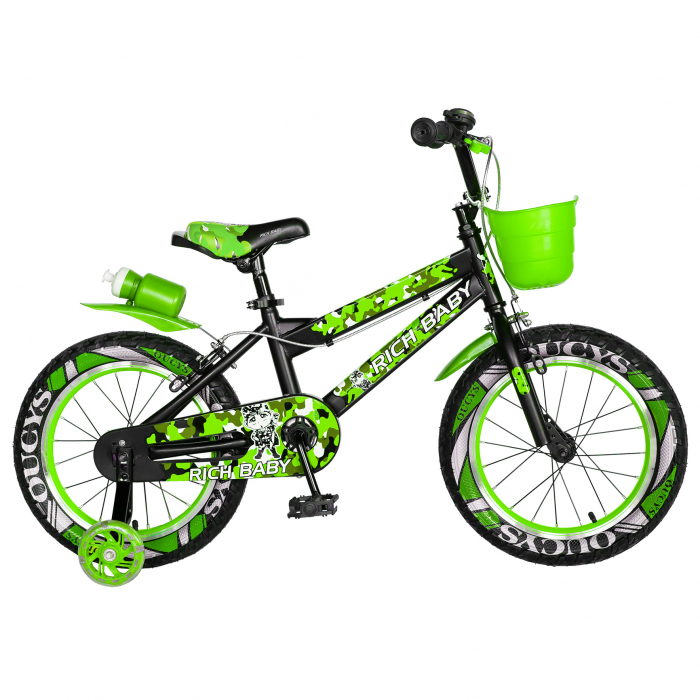 Bicicleta baieti  RICH BABY R16WTA, roata 16", roti ajutatoare cu LED, 4-6 ani, culoare negru/verde  [1]