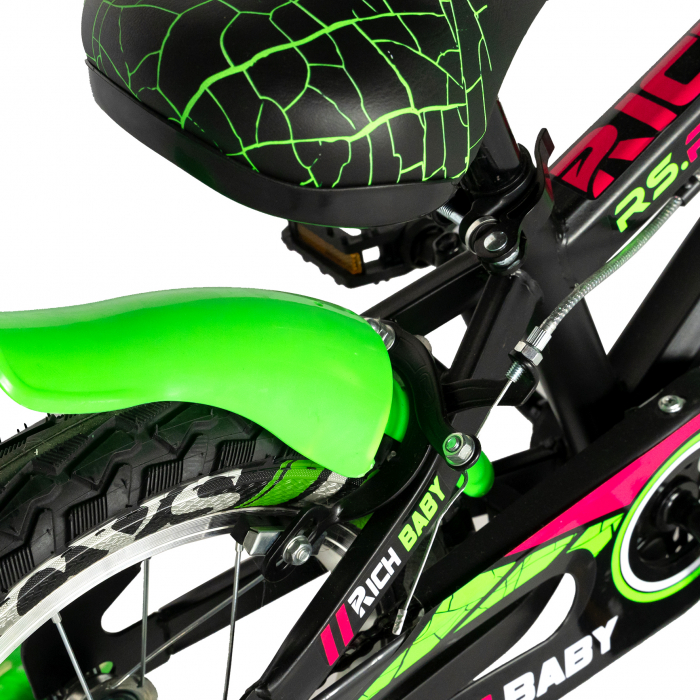 Bicicleta baieti Rich Bike 4-6 Ani, Roti 16 Inch, Frane C-Brake, Roti Ajutatoare, Rich Baby CSR16/WTB, Cadru Negru cu Design Verde [3]