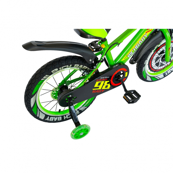 Bicicleta baieti Rich Baby R1807A, roata 18", C-Brake otel, roti ajutatoare cu LED, 5-7 ani, verde/negru [2]