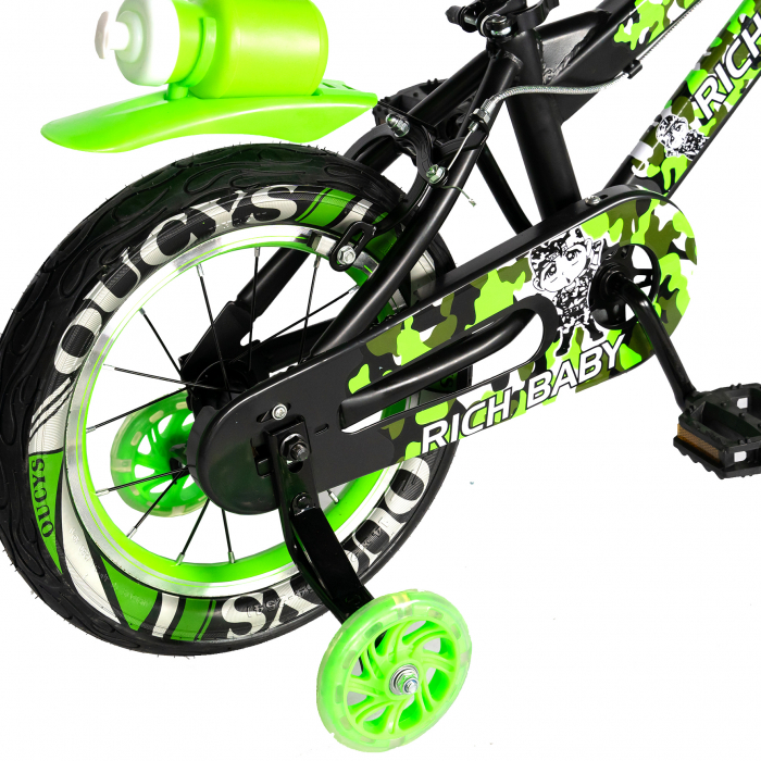 Bicicleta baieti RICH BABY R18WTA, roata 18", roti ajutatoare cu LED, 5-7 ani, culoare negru/verde [5]